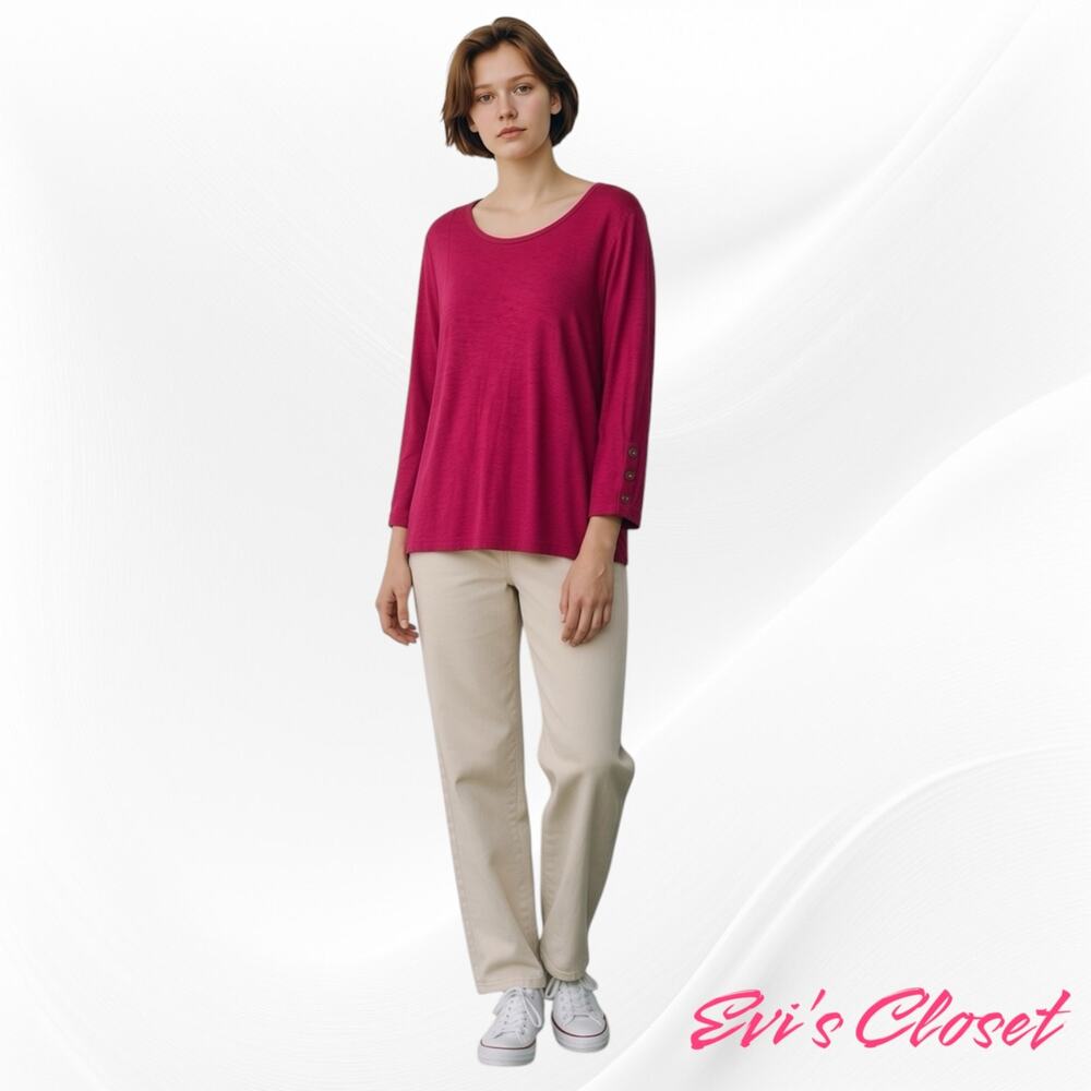 Chico's Women's Slub Knit Top Magenta Pink L Scoop Neck 3/4 Sleeve Button Cuffs